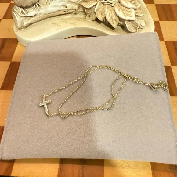 Delicate Gold and Crystal Cross Double Chain Toggle Bracelet - Picture 2 of 2